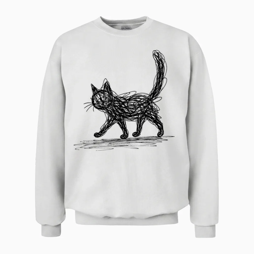 Minimalist Cat, Hand Drawn Kitten Unisex Sweatshirt in White