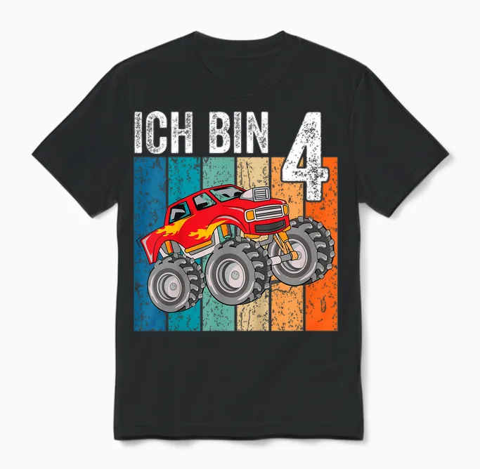 Kinder Monster Truck Geburtstag Deko Kinder 4 Jahre Junge Ich Bin 4 Unisex T-Shirt in Black