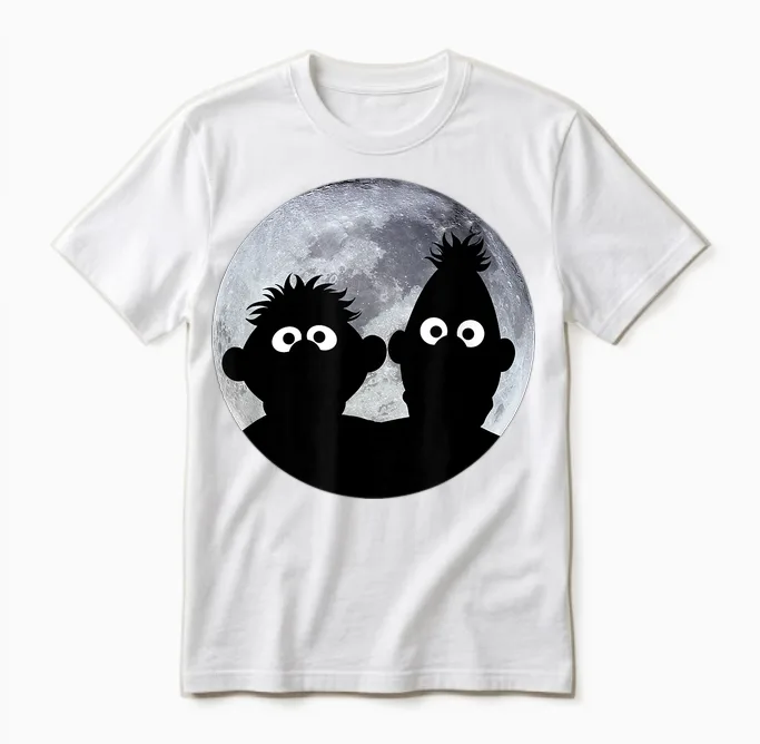 Sesame Street Ernie and Bert in the Moonlight Shadow Moonnight T-Shirt, Black Unisex T-Shirt in White