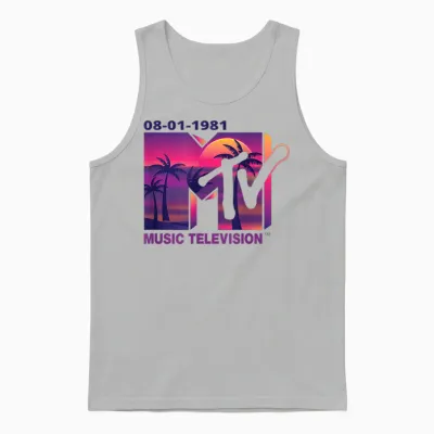Mademark X Mtv - the Official 1981 Mtv Logo with Purple Palms in the Sunset Unisex Tank Top - Ash