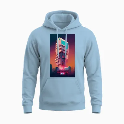 Building Cyberpunk Art by 80kingz & Keyokonawa Unisex Hoodie - Light Blue