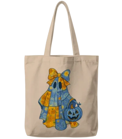 Quilted Ghost with Big Bow and Pumpkin Halloween Tote Bags - Natural