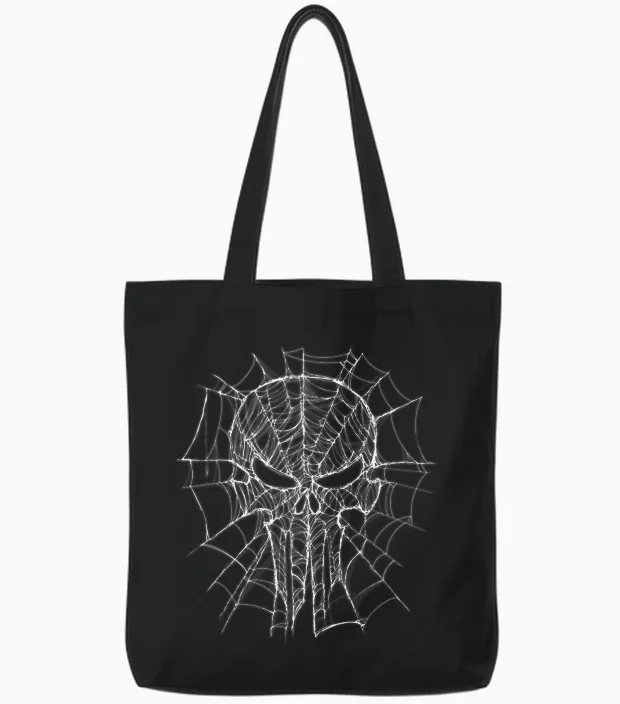 Marvel Studios Spider-Man: Bnd Movie 2026 Punisher Skull Web Tote Bags in Black