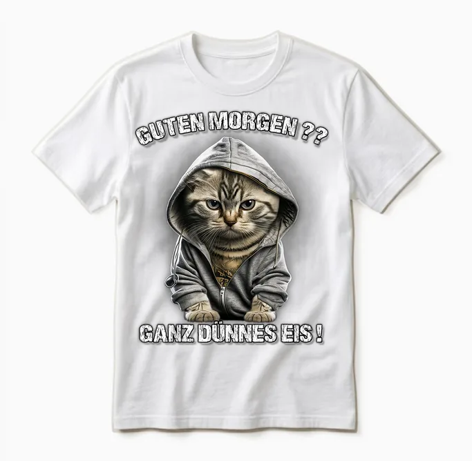 Guten Morgen? Ganz Dünnes Eis! Funny Cats Coffee T-Shirt, Black Unisex T-Shirt in White