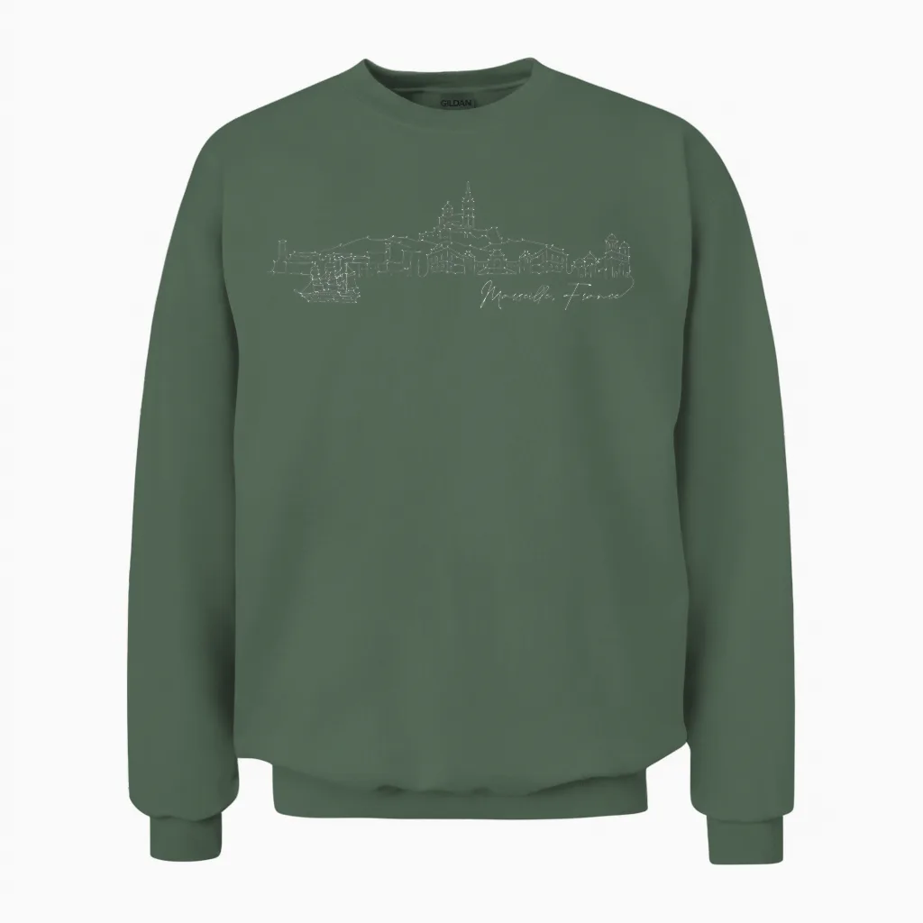 Signature Marseille City Skyline - Souvenir De France Unisex Sweatshirt in Military Green