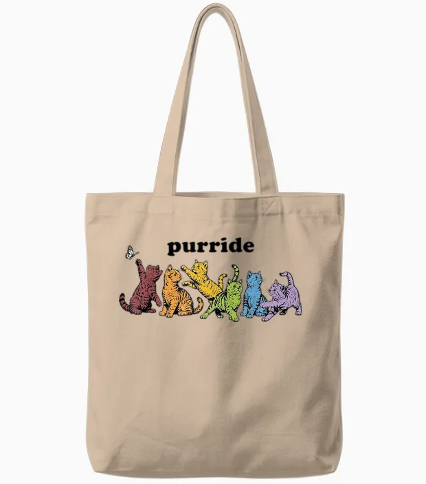 Purride Rainbow Cats Lgbtq Pride Colorful Kittens Butterfly Tote Bags in Natural