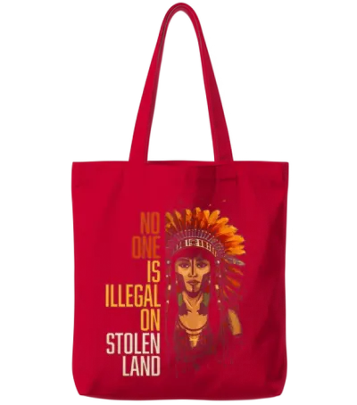 No One Is Illegal on Stolen Land Native American Tote Bags - Red