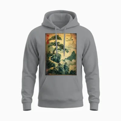Japanese Vintage Designs Japanische Holzschnittkunst: Kraniche Und Kiefer. Japanisches Kanji Unisex Hoodie - Sport Grey