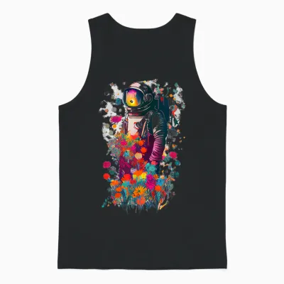 Astronaut Surrounded by Colorful Flowers Unisex Tank Top - Black