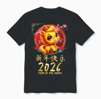 Year of the Horse 2026 Cute Chinese Lunar New Year 2026 Unisex T-Shirt - Black