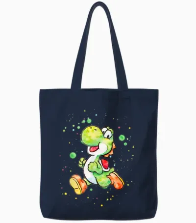 Super Mario Yoshi Watercolor Splatter Portrait Tote Bags - Navy