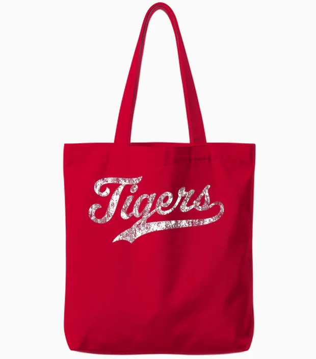Tigers Mascot T Shirt Vintage Sports Name Tee Design Tote Bags in Red