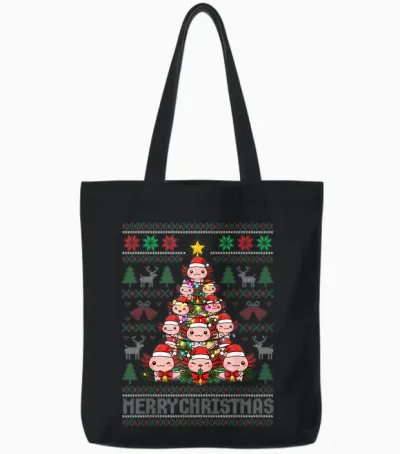 Cute Axolotl Christmas Tree Ugly Sweater Merry Xmas Holiday Tote Bags - Black