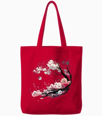 Japanese Sakura Garden Geisha Mount Fuji Cherry Blossom Tote Bags - Red