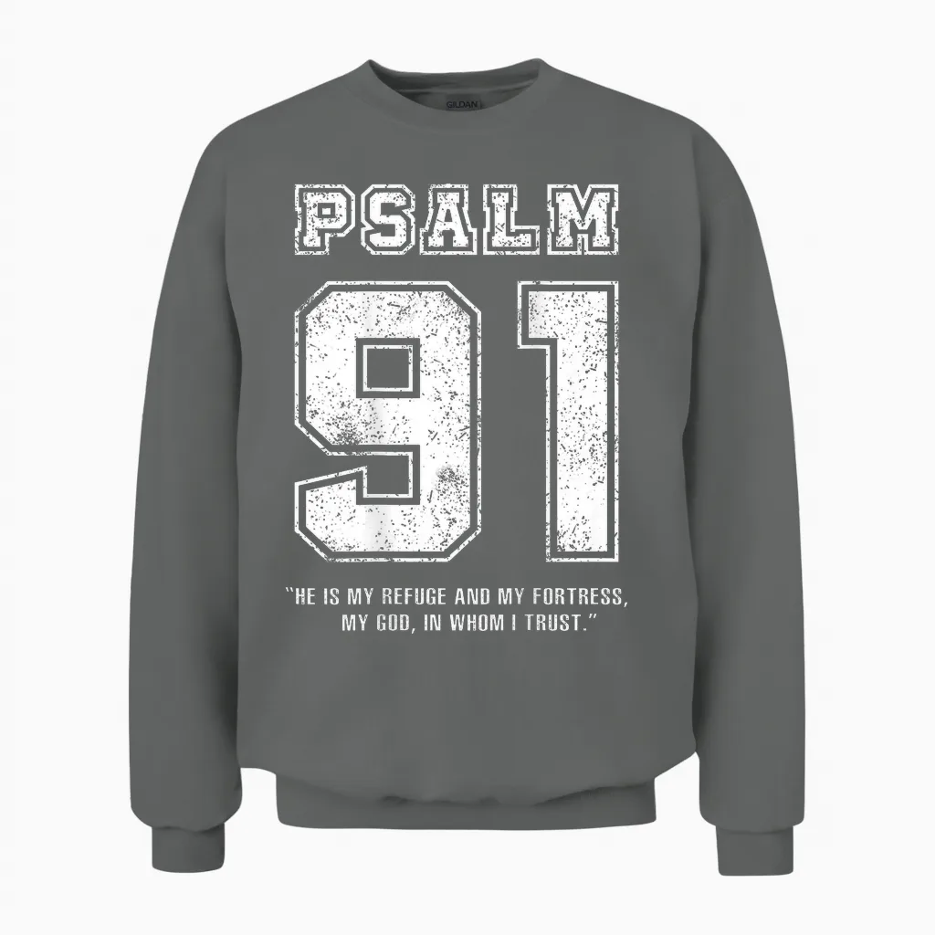 Psalm 91 Jersey Look Bible Verse (back Print Only) Christian T-Shirt, Black Unisex Sweatshirt in Graphite Heather