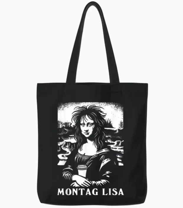 Montag Lisa Coffee Funny Mona Lisa T-Shirt, Black Tote Bags in Black