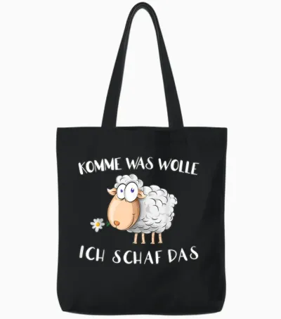 T-Shirt with German Text "komm Was Wolle - Ich Schaf Das " Funny Sheep Word Game Tote Bags - Black