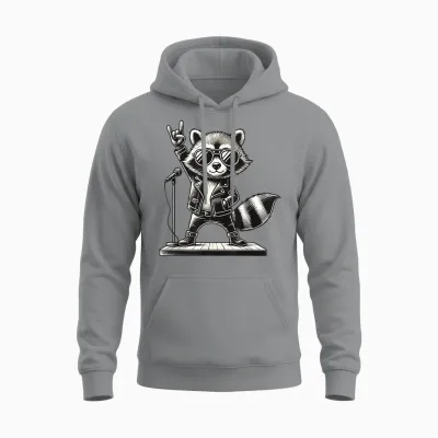 Rock Music & Rocker, Rock Hand, Kids & Boys, Funny Raccoon T-Shirt, Black, S Unisex Hoodie - Sport Grey