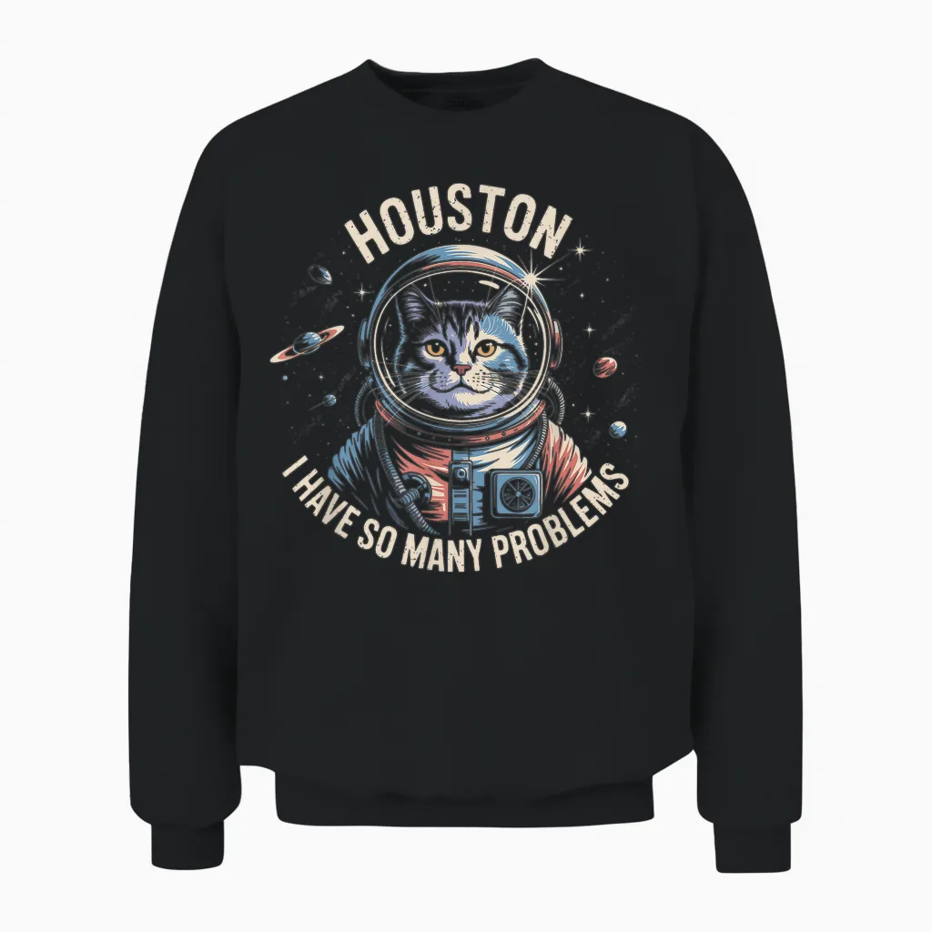 Houston I Have So Many Problems Space Cat Humour Unisex Sweatshirt in Black