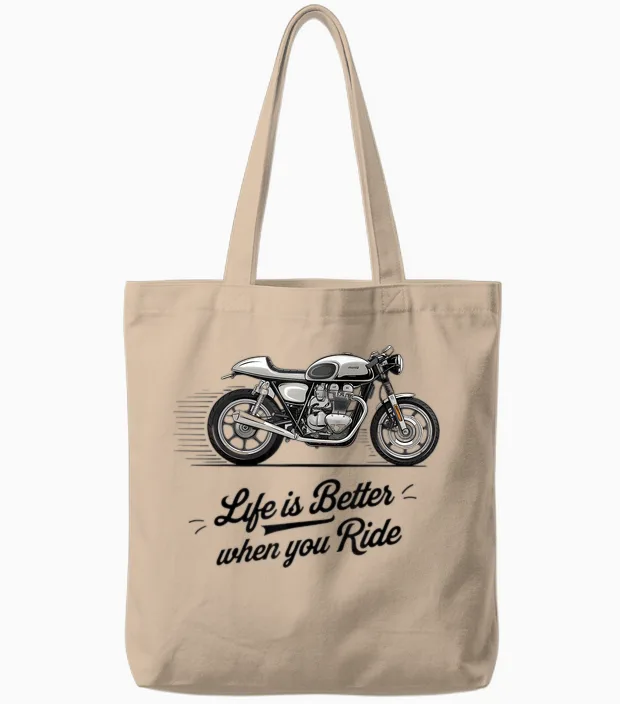 Life Is Better on a Classic Motorcycle, a Bicycle Cafe Racer Retro Tote Bags in Natural
