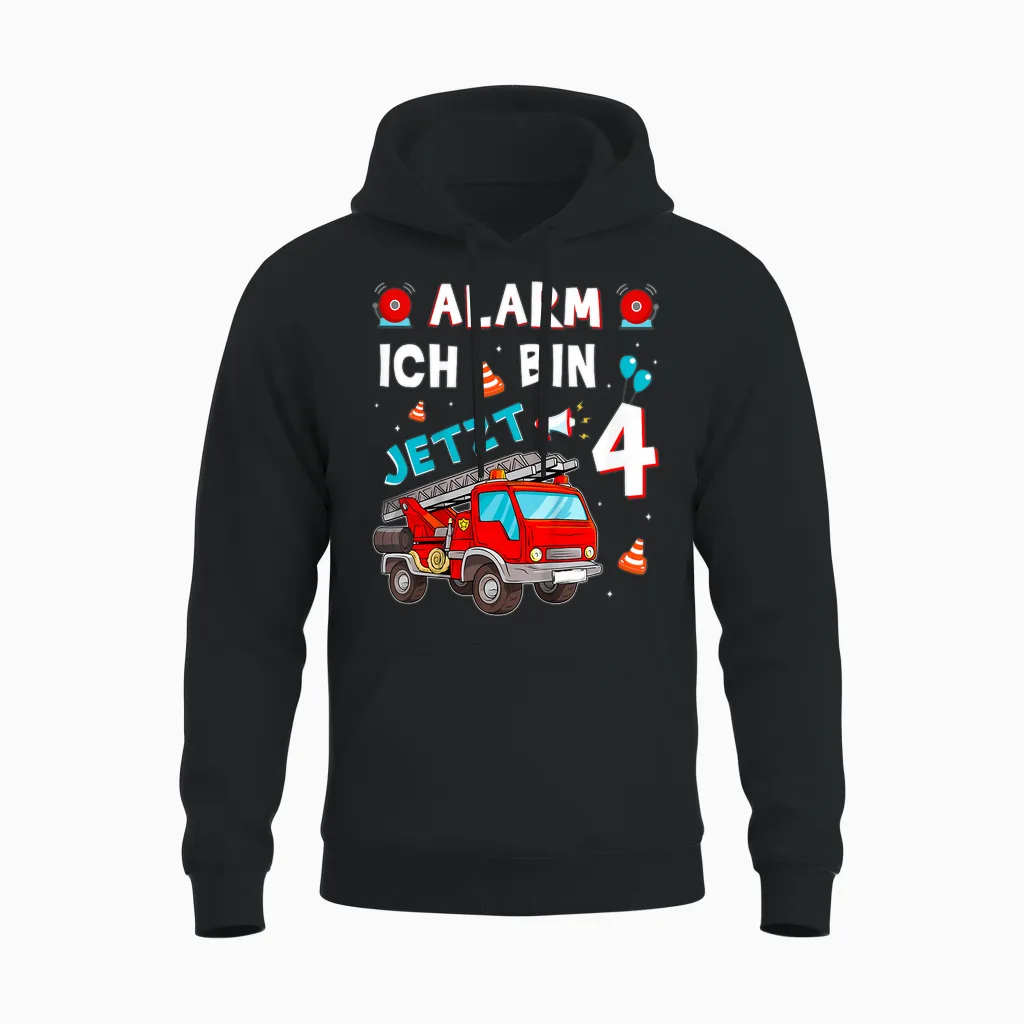 Children's 4th Birthday Boy Girl Fire Brigade Gifts Fire Engine T-Shirt, Black Unisex Hoodie in Black