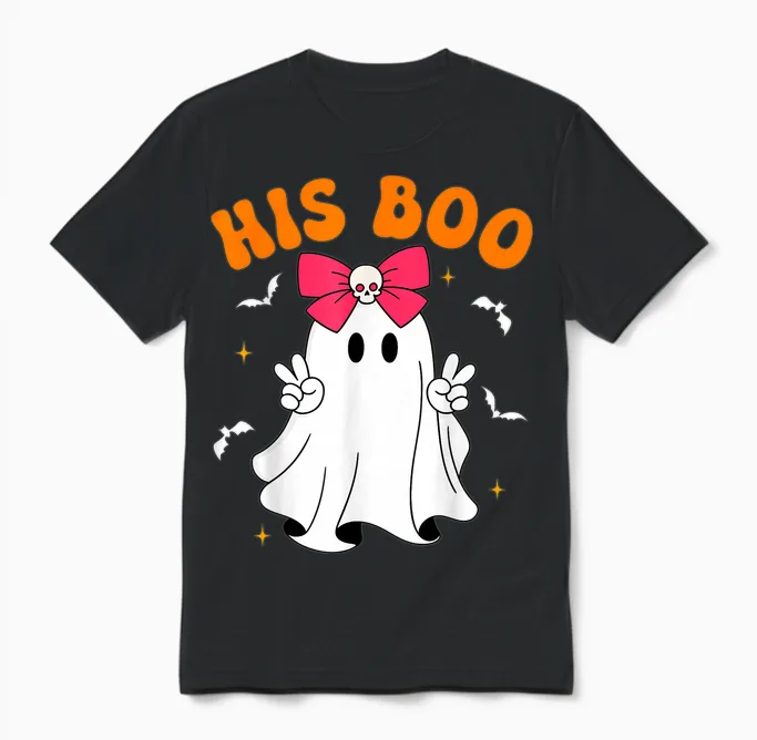 Her Boo & His Boo Funny Matching Halloween Couples Unisex T-Shirt in Black