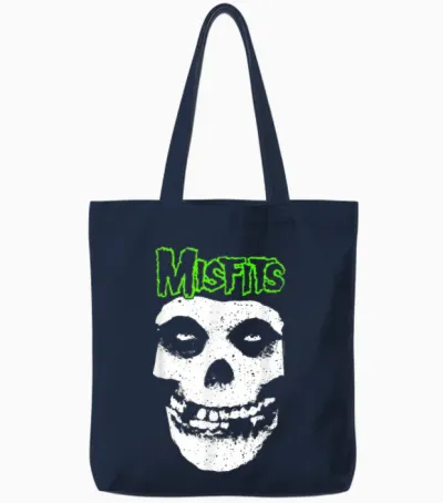 Misfits Green Skull Logo T-Shirt, Black Tote Bags - Navy