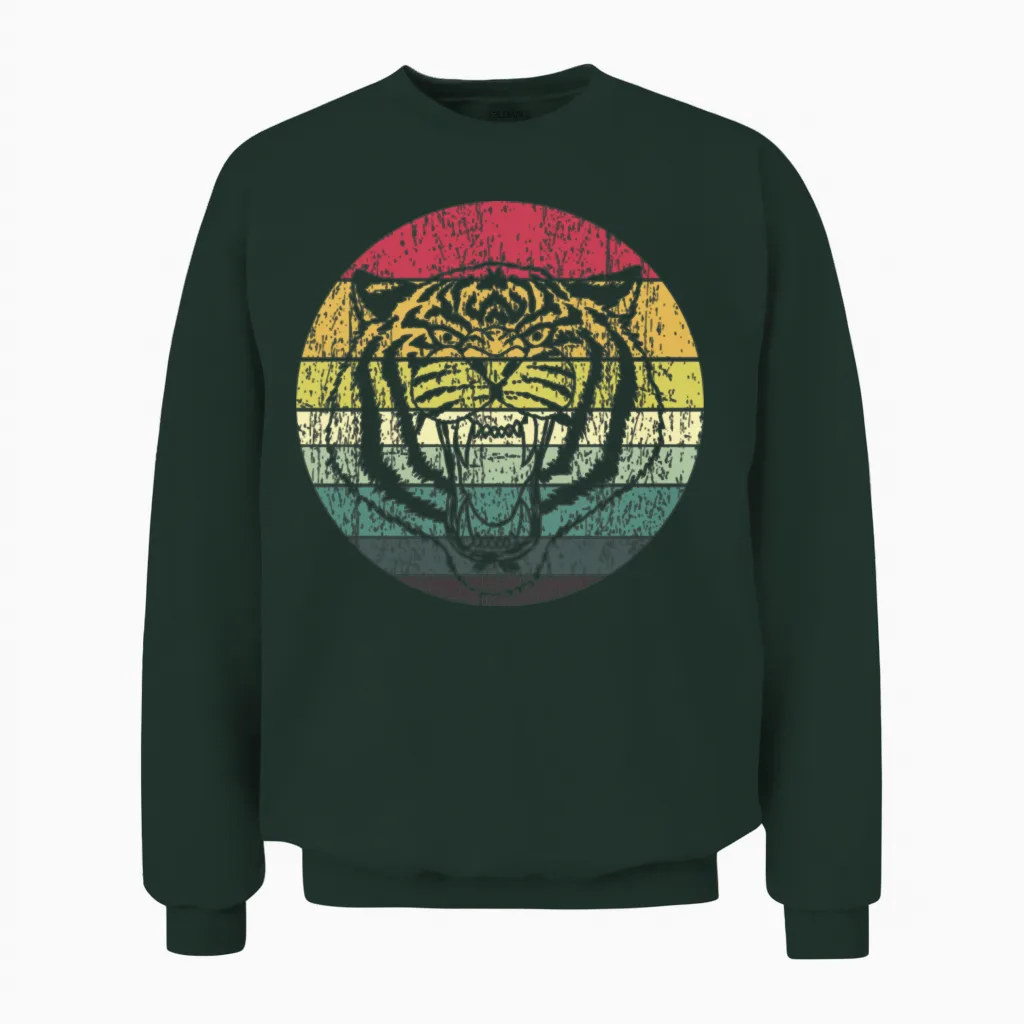 Retro Sunset Tiger Distressed Unisex Sweatshirt in Forest