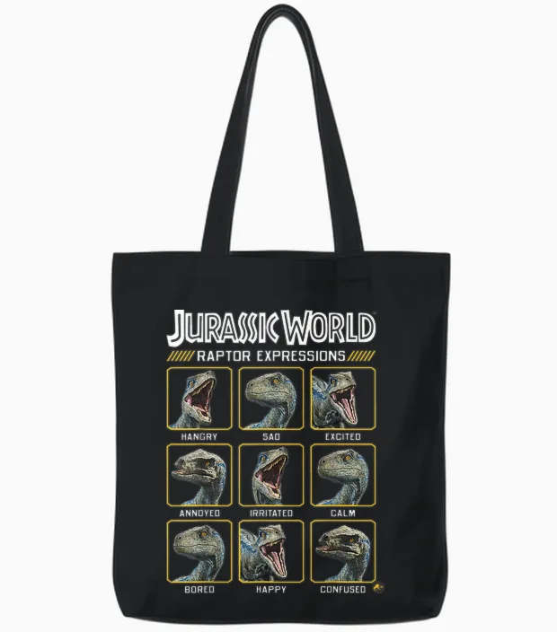Jurassic World Two Blue Raptor Expressions Graphic Short Sleeve Tote Bags in Black