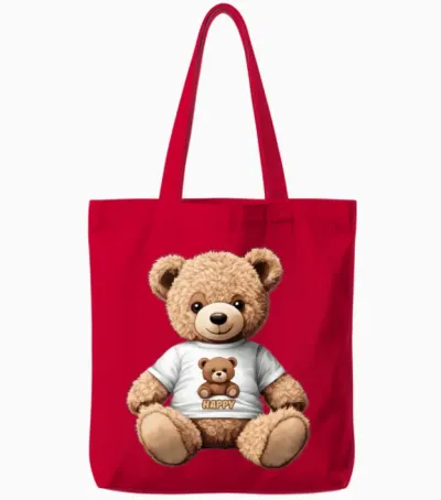 'happy' Teddy Bear Gd Tote Bags - Red
