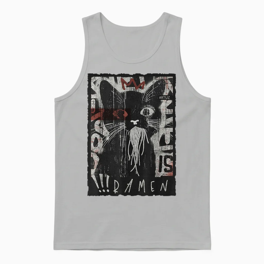 Cat Ramen Noodle Japanese Anime Manga Ramen Kawaii Cat T-Shirt, Black Unisex Tank Top in Ash