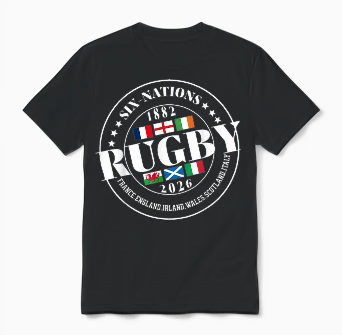 Six Nations Rugby 6 Nation's Rugbyman Supporter Fan Unisex T-Shirt in Black