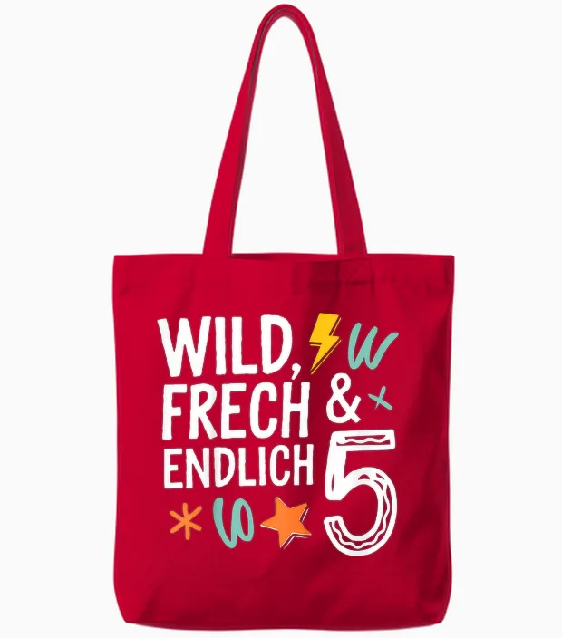 Kinder Wild, Frech & Endlich 5 Cooles Kinder Geburtstags Tote Bags in Red