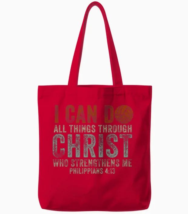 I Can Do All Things Through Volleyball Tote Bags in Red