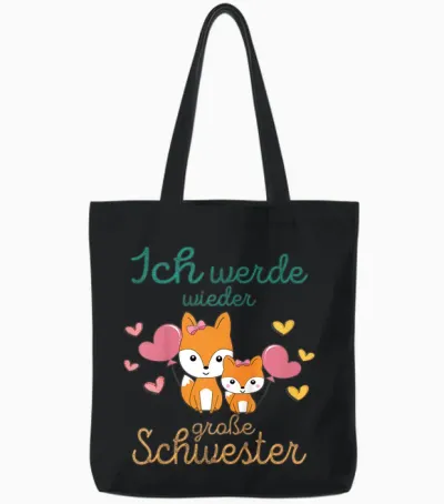 Children's T-Shirt with German Text "ich Werde Wieder Große Schwester Verkunden Foxes", Black Tote Bags - Black