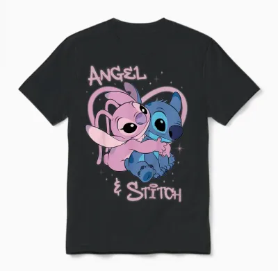 Children's Disney Lilo & Stitch Angel and Stitch Airbrush Heart Unisex T-Shirt - Black