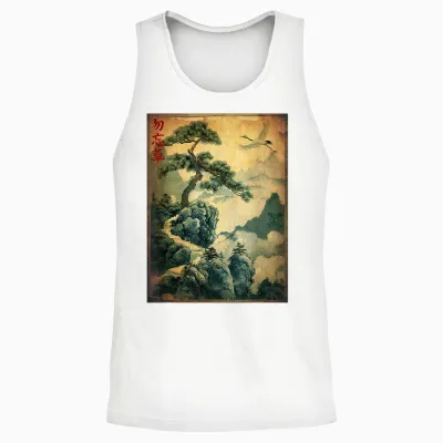 Japanese Vintage Designs Japanische Holzschnittkunst: Kraniche Und Kiefer. Japanisches Kanji Unisex Tank Top - White