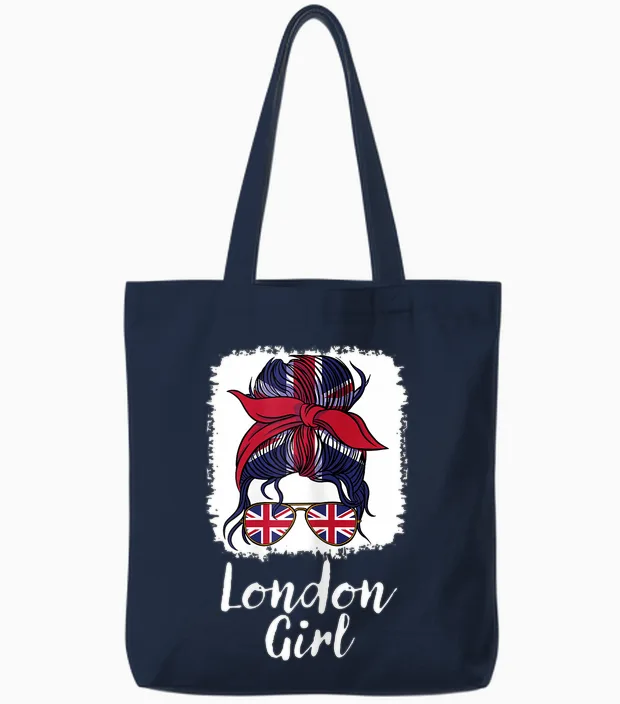 London Girl, London Girls, British Flag Uk Lass T-Shirt, Black Tote Bags in Navy