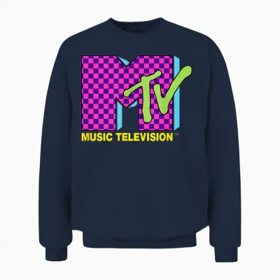 Mtv Music Television Retro 80's Neon Pink Checkerboard Logo Unisex Sweatshirt - Navy