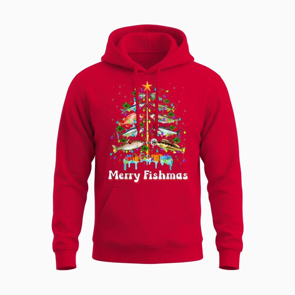 Merry Fishmas Christmas Tree Funny Fish Fishing Fisherman Unisex Hoodie in Red