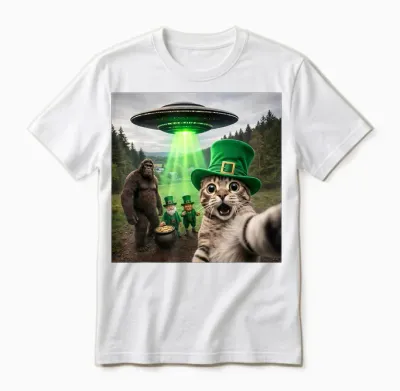 Funny St Patricks Day Cat Selfie with Leprechaun Bigfoot Ufo Unisex T-Shirt - White