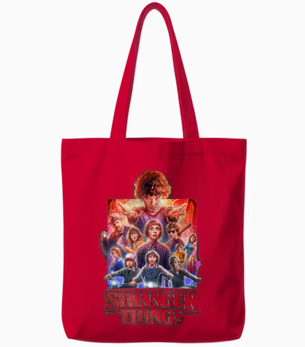Stranger Things Group Poster T-Shirt, Black, S Tote Bags in Red