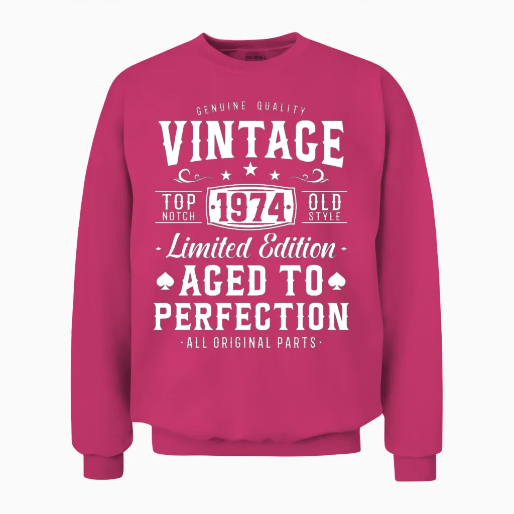 Vintage 1974 Birthday Gift Unisex Sweatshirt in Heliconia