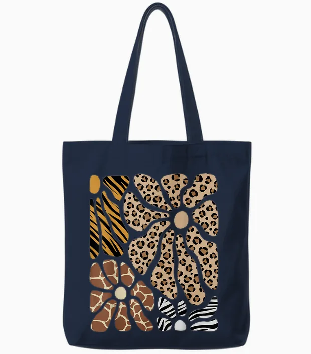 Safari Floral Boho Flowers Cute Animals Girls Leopard Print Tote Bags in Navy