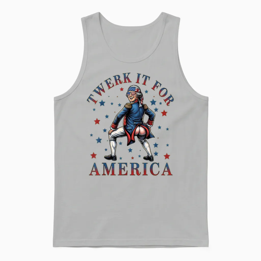 Twerk It for America Funny Patriotic Adult Humor 4th of July Unisex Tank Top in Ash