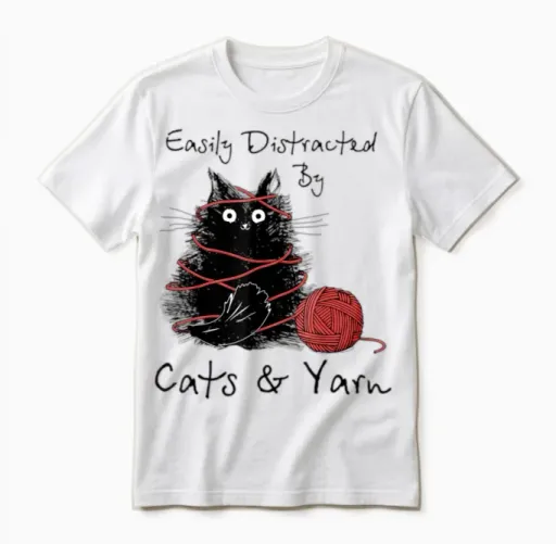 Easily Distracted by Cats and Yarn Knitting Lovers Unisex T-Shirt in White