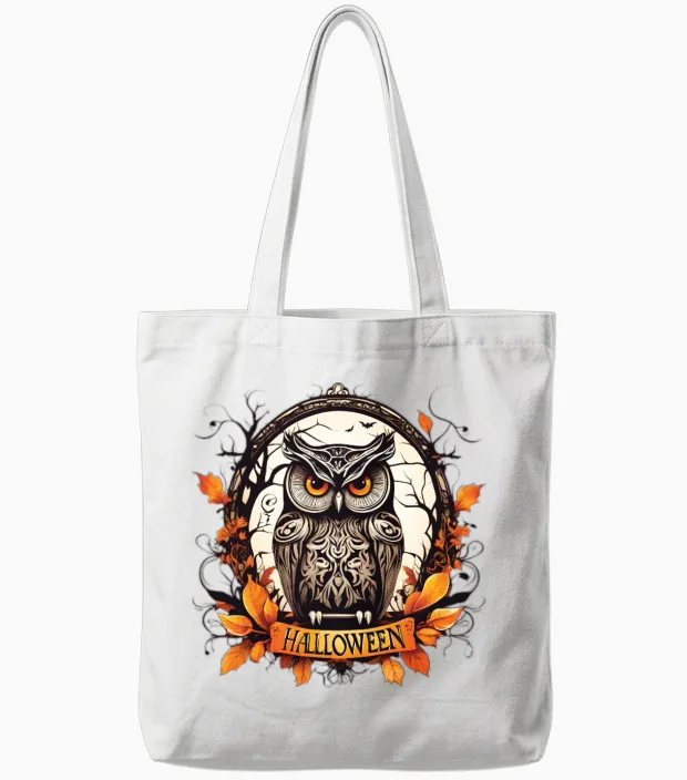 Ornate Owl Halloween Emblem Tote Bags in White