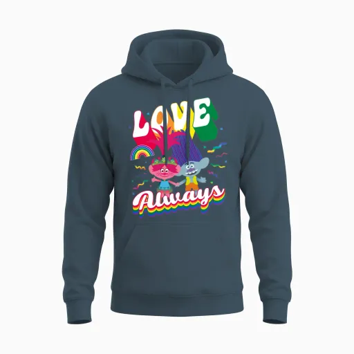Trolls Love Always Rainbow Colours Unisex Hoodie in Dark Heather