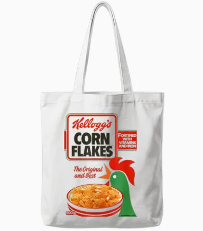 Kellogg's T-Shirt Mit Cornflakes Frühstücks-Müslischachtel Art 1983 Design - Unisex, Weiß, S, Kurzarm, Crew-Ausschnitt, Klassisch, Retro, Erwachsene, Nostalgie-Fans, Retro- Und Vintage-Enthusiasten Tote Bags - White