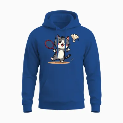 Funny Badminton Cute Cat Racket Flying T-Shirt, Black, S Unisex Hoodie - Royal